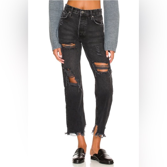 Free People We The Free Tapered Baggy Boyfriend Distressed Jeans Obsidian NEW - Picture 10 of 16